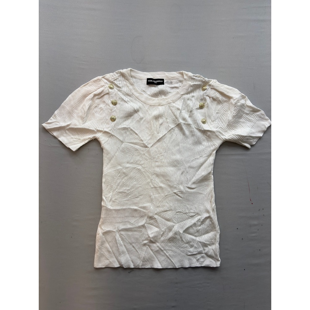 Karl Lagerfeld Paris Womens White Ribbed Knit Puff Sleeve Top Gold Button Detail
